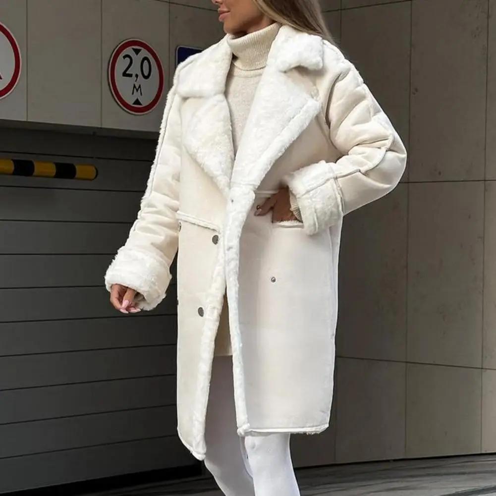 Winter Coat Women's Plush Lapel Coat with Double-breasted Pockets Mid Length Solid Color Cardigan Windproof Heat for Fall