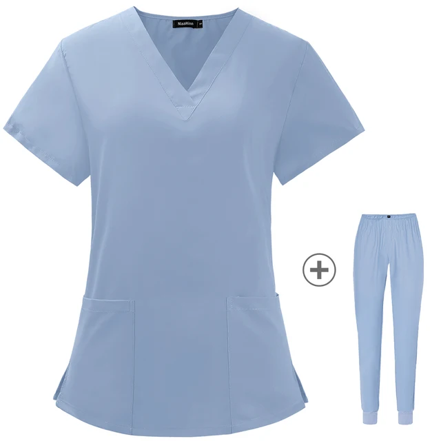 Operating Room Medical Uniforms Women Scrubs Clothes Sleeve V-Neck Workers T-Shirt Tops Summer Uniformes  Medical Accessories Sky blue