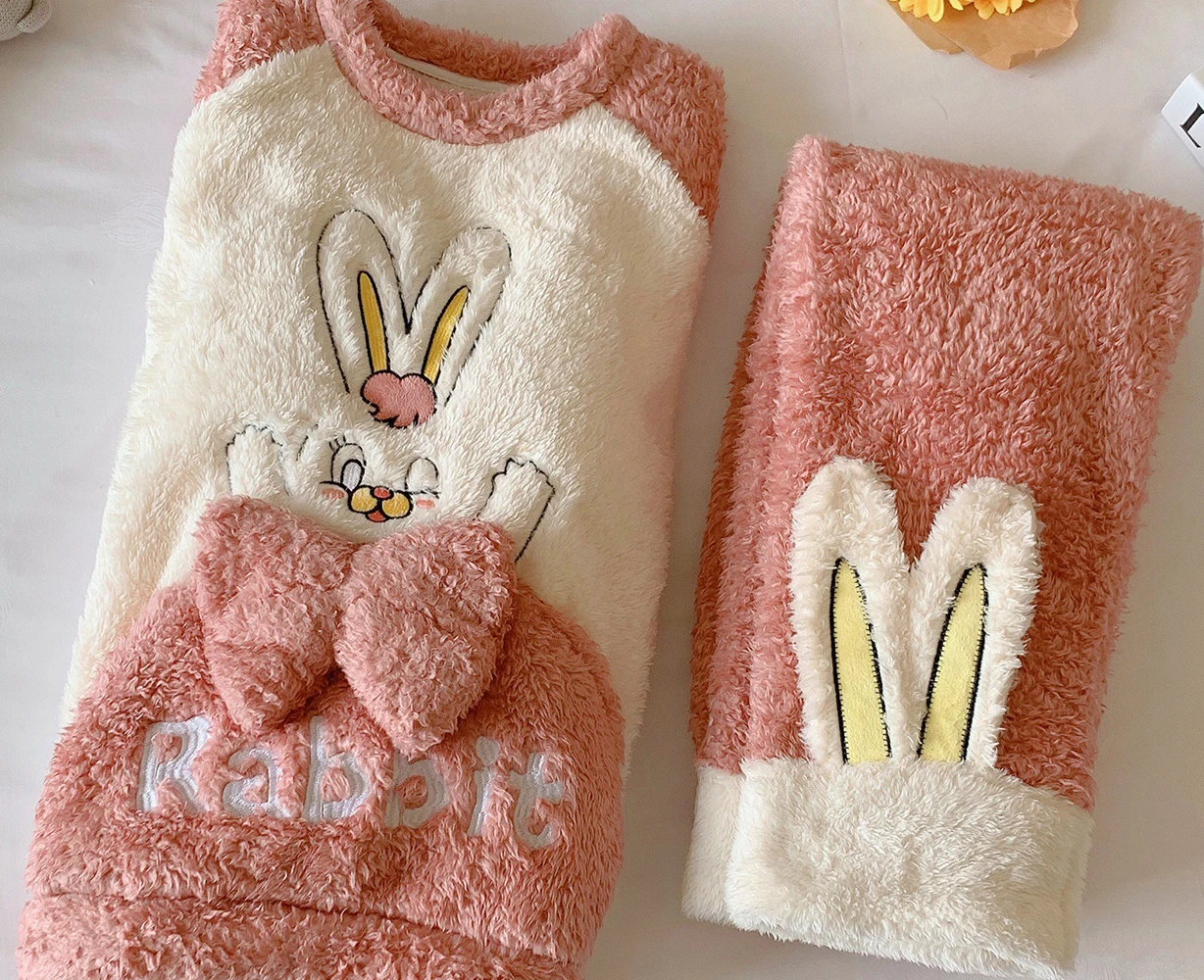 Winter Warm Flannel Women Pyjamas Sets Thick Coral Velvet Long Sleeve Rabbit Cartoon Sleepwear Plush Pajamas Set For Women Pjs