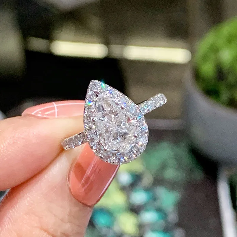 LUOWEND 100% 18K White Gold Rings Classic Pyriform Design Real Natural Diamond Ring for Women Wedding Engagement Anniversary