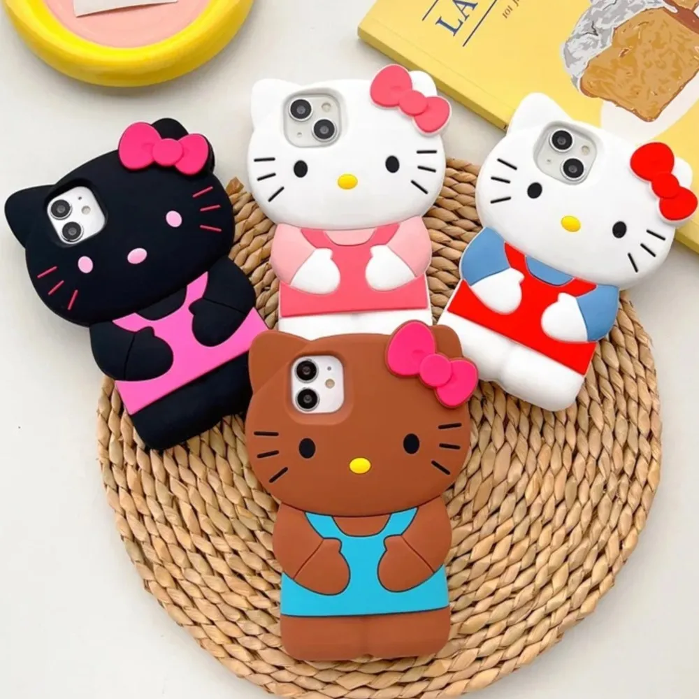 For iPhone 12 13 Mini 14 15 16 Pro Max 11 XR XS MAX 6 7 8 Plus SE 3D Cartoon Hello Kitty Bow Case KT Cat Soft Silicone Cover