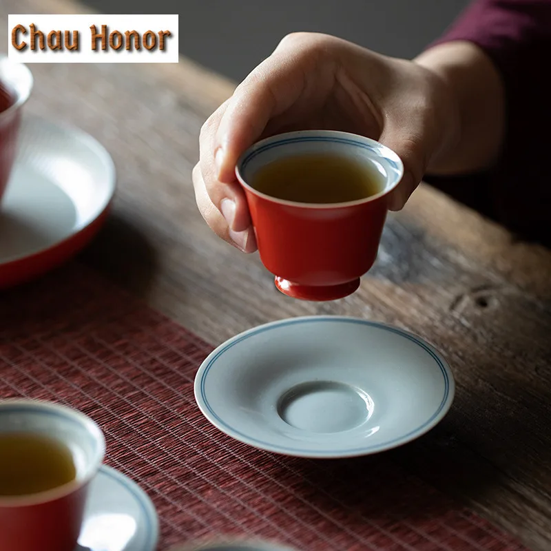 2pc/set Coral Red Glaze Round Teacup Coasters Hand Painted Double Line Heat Proof Mat Teacup Mat Ceramic Kung Fu Tea Ceremony