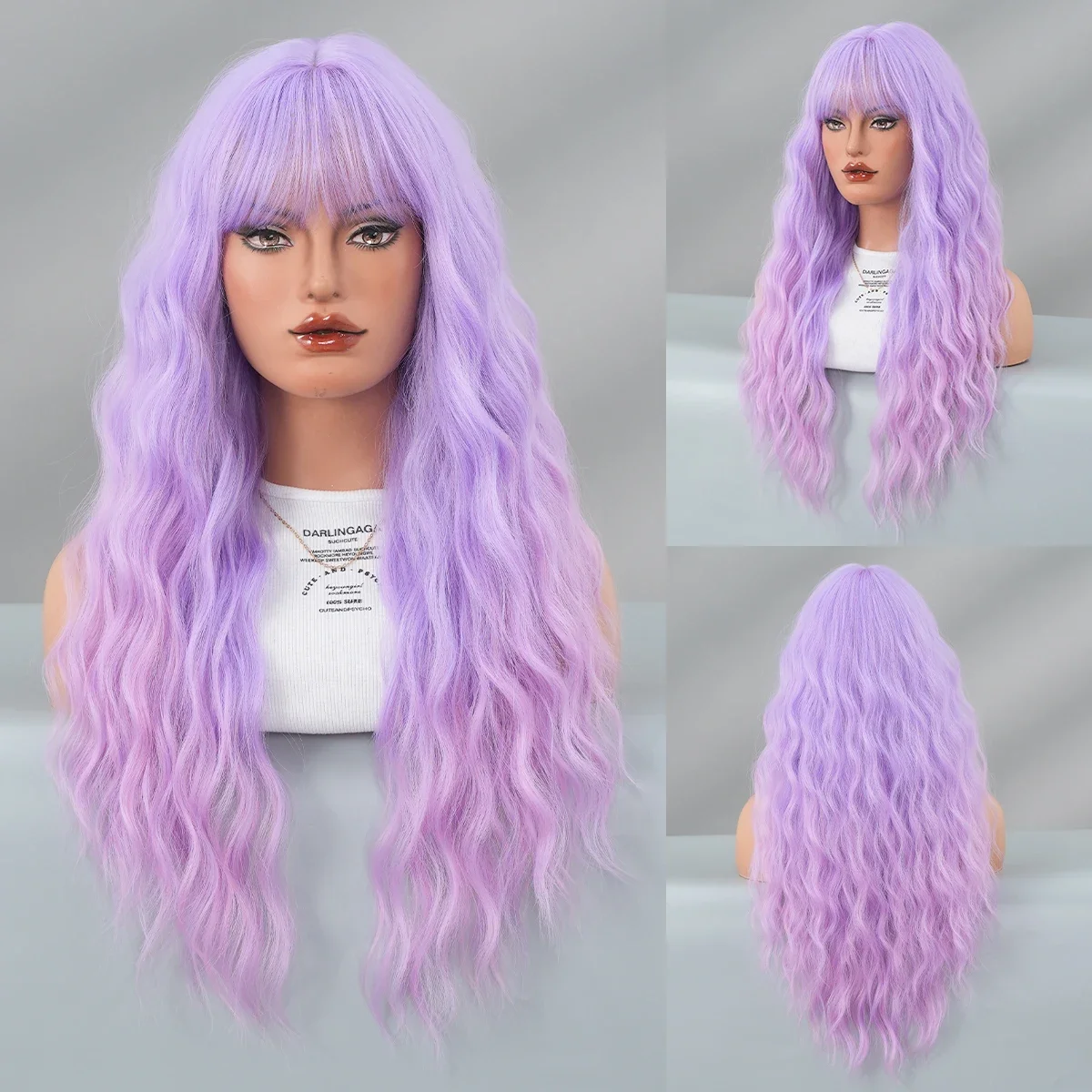 PARK YUN Long Curly Light Purple Wigs Natural Synthetic Gradient Pink  Wigs For Women Daily Party Cosplay Heat Resistant Hair