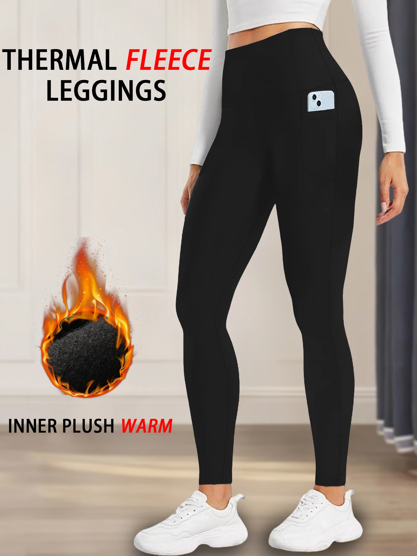 Dicke Thermo-Leggings für Damen mit Taschen – hoch taillierte, mit Fleece gefütterte, bauchkontrollierende, warme Winterstrumpfhose, Workout-Laufhose – Detail 11
