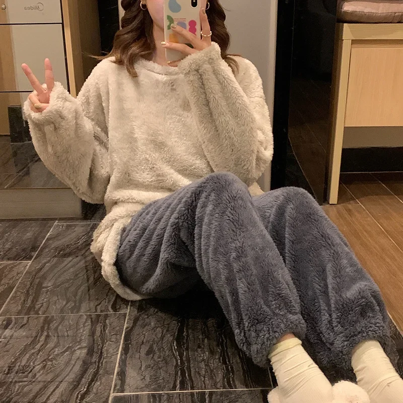 Coral Fleece Pajama Sets Women Winter Warm Sleepwear Long Sleeve Trouser Thick Loungewear Korean High Quality Clothes Pijama