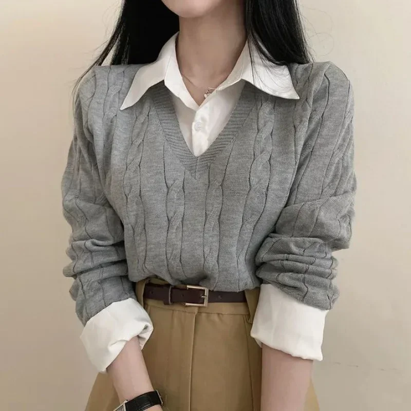 Korean Chic Spring and Autumn Age-Reducing Sweaters Retro Temperament Preppy Fake Two Pieces Shirts Twist Knit Women's Y2k Tops 3