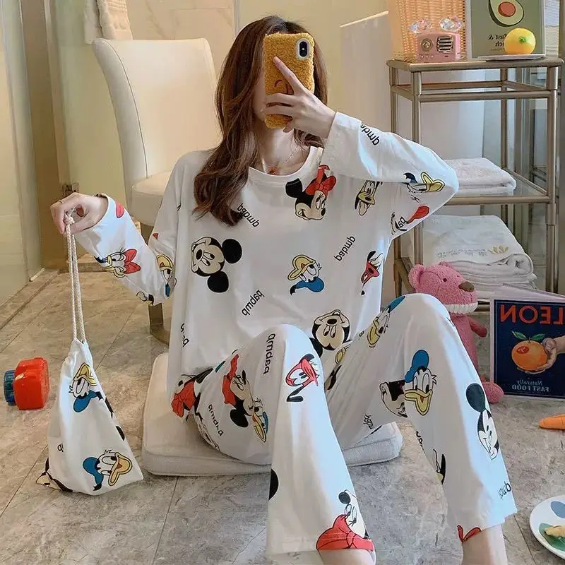 Cartoon Mickey and Minnie Print Girls Long Sleeve Pajamas Spring Autumn Pajamas Ladies Cute Pattern Homewear Set