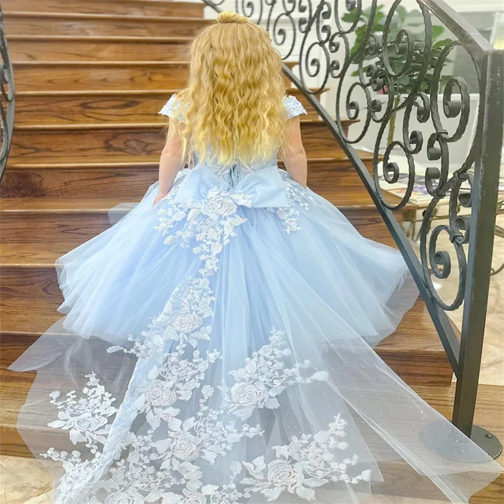 

Lace Tulle Flower Girl Dresses For Wedding Light Blue Fluffy Applique Party Princess Dress First Communion Dress Ball Gowns