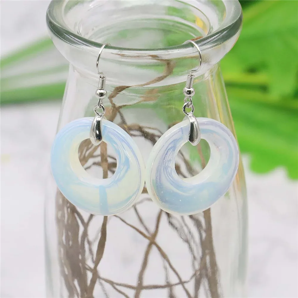 28MM Round White Moonstone Opal Drop Earrings Circular Ring Natural Stone Women Girls DIY Alloy Fashion Jewelry Making Design