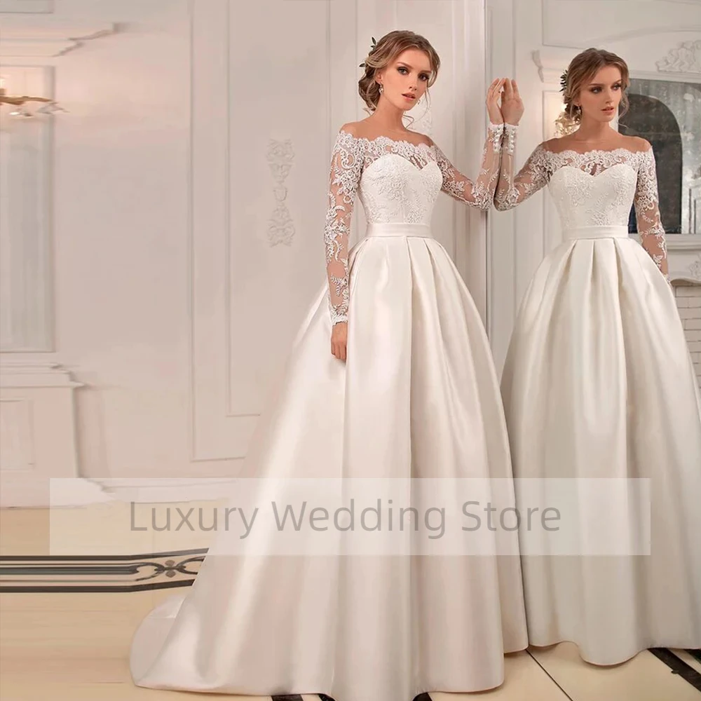 

Luxury Wedding Dresses O-Neck A-Line Full Sleeves Bride Gowns Zipper Lace Applique Illusion Satin Sweep Train Vestidos De Novia