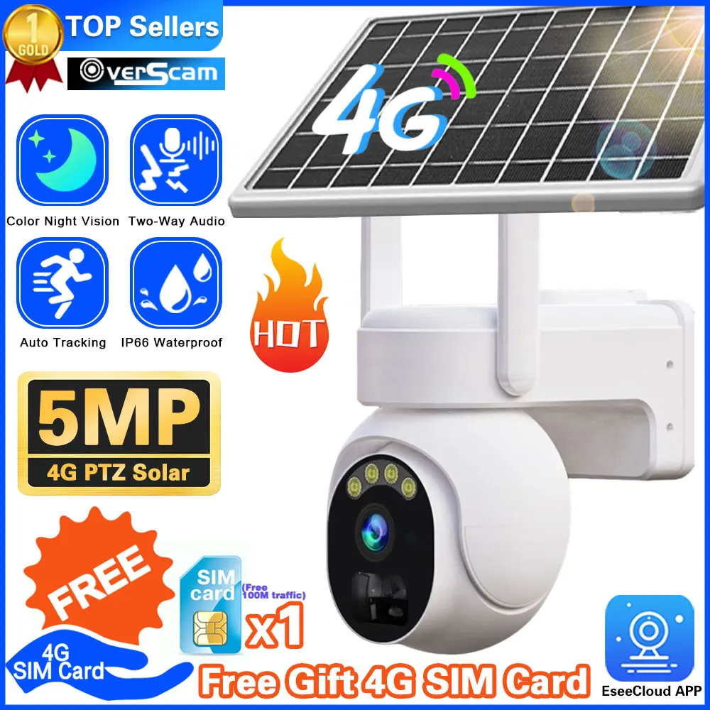 

5MP 4G SIM Card Solar Wifi PTZ Security Outdoor Color Night Vision Battery Powered Wireless CCTV Surveillance Camera Smart Life