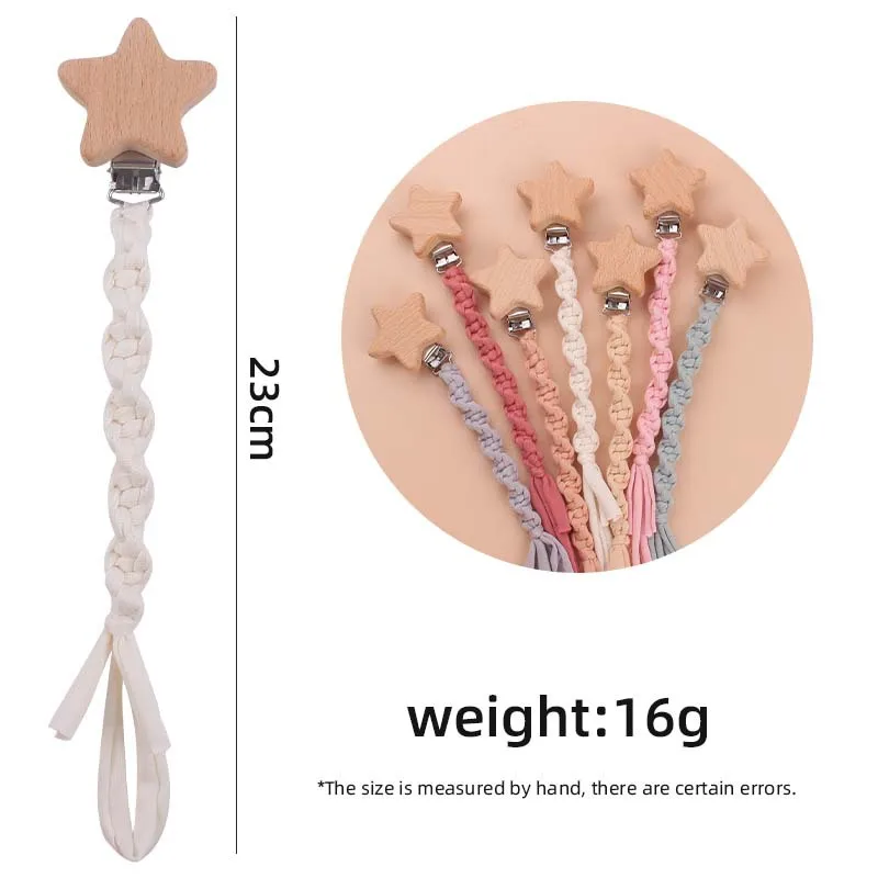 Baby Beech Wood Pentagram Pacifier Clip Handmade Woven Cotton Soother Nipple Chain For Baby Nursing Teether Chewing Toys Gift 6