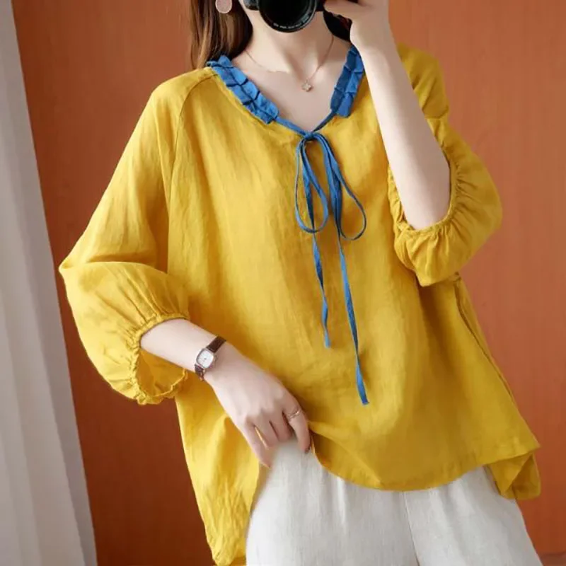 Fashion V-Neck Spliced Lace Up Bow Ruffles Lantern Sleeve Blouse Women's Clothing 2024 Summer New Casual Pullovers Loose Shirt