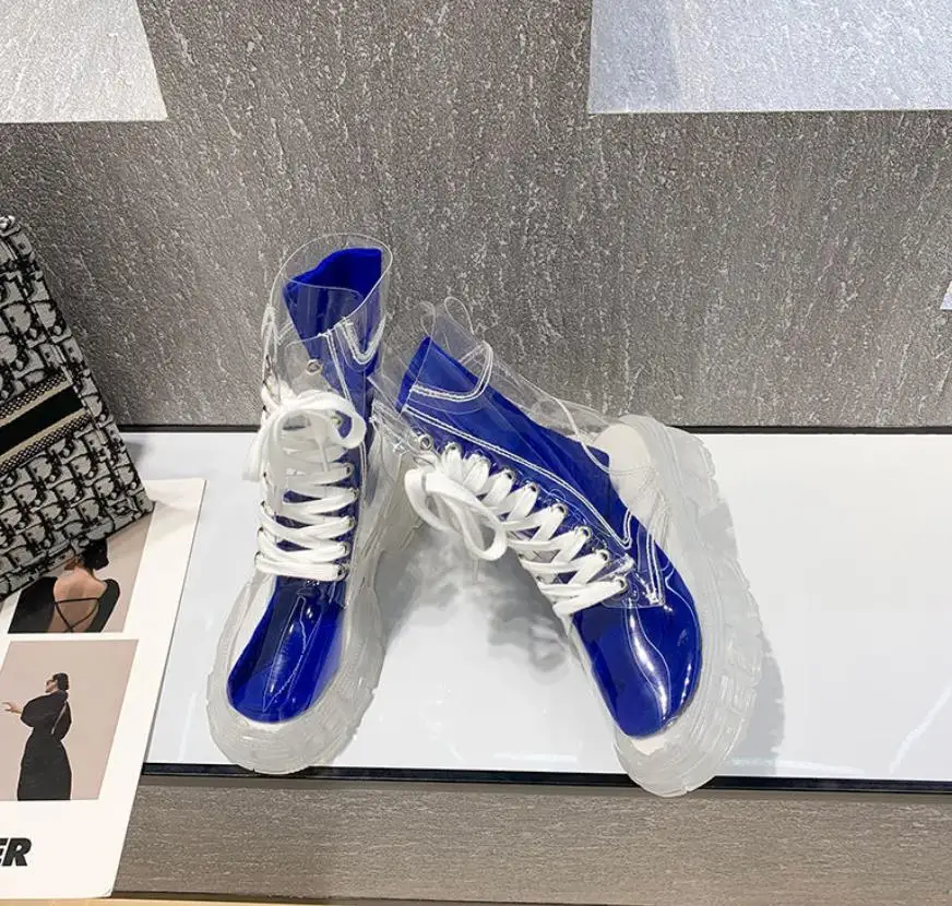 2021 Cool Fashion Women Transparent Platform Boots Waterproof Ankle Boots Feminine Clear Heel Short Boots Sexy Female Rain Shoes 