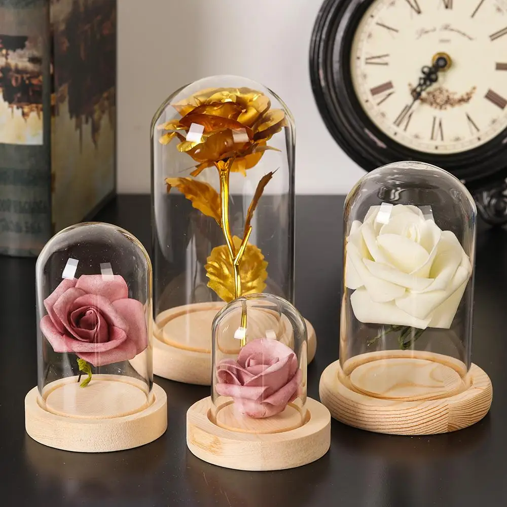 Display Jar Glass Cloche Jar Transparent Display Stand Cover With Wooden Base Acrylic Dust Cover Display Box Terrarium Tabletop Flower Box