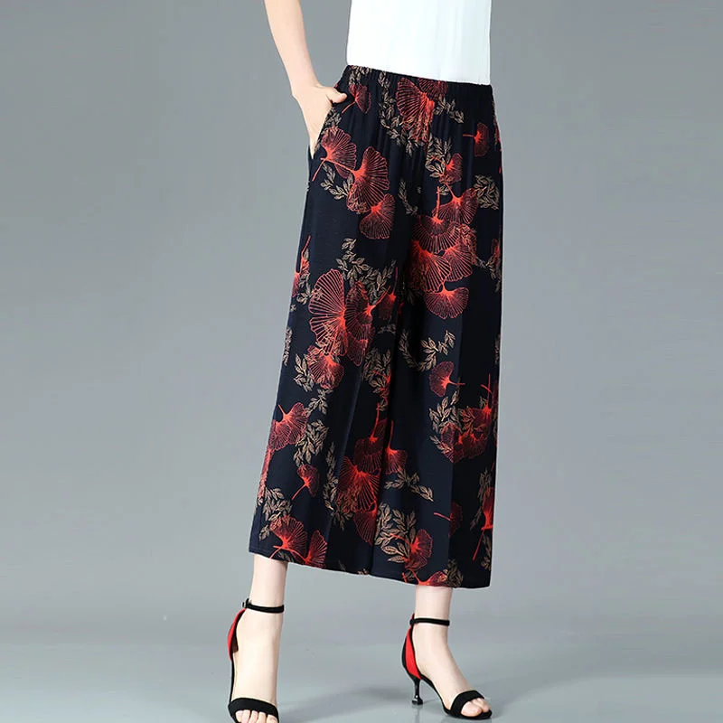 Middle-aged And Elderly Women's Floral Printed Wide Leg Pants Summer Loose Elastic High Waist Cropped Pants Casual Pantalon