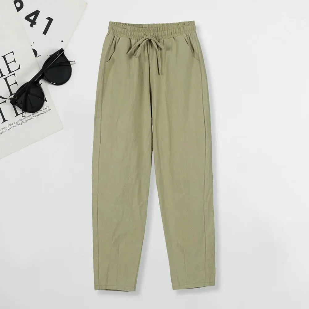 

Minimalistic Casual Trousers Trendy Flax Long Pants Drawstring Design Summer Pants