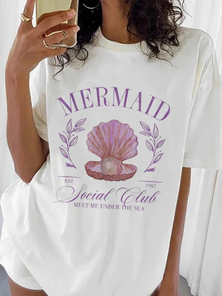 

Women's Beach Holiday Mermaid Social Club Cartoon Short Sleeved Sweet Summer Fashion Versatile Print Cute Clothes Top T-Shirt.