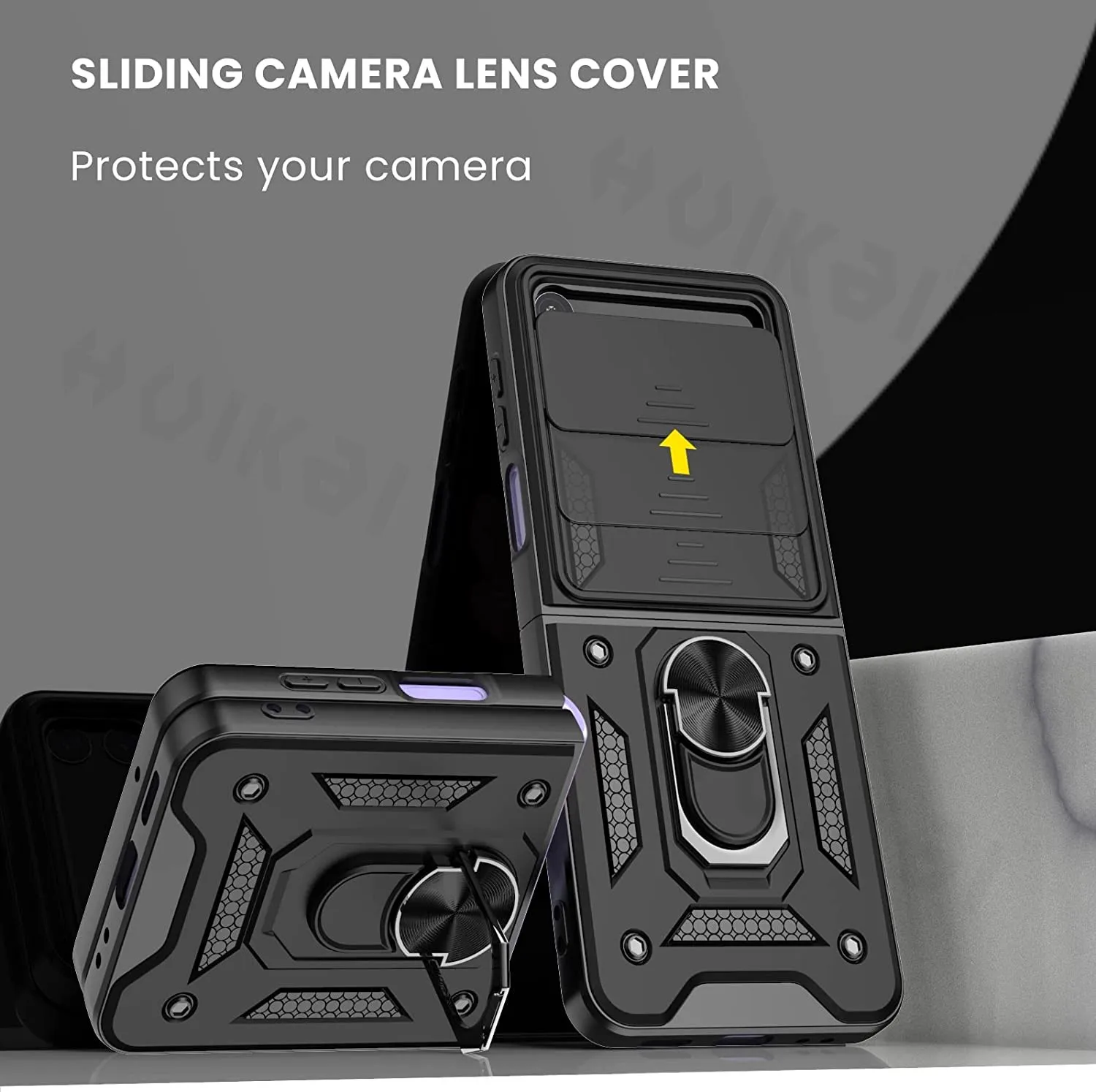Enhanced Protective Camera Cover Case with Built-in 360° Rotating Ring Stand and Magnetic Shockproof Design