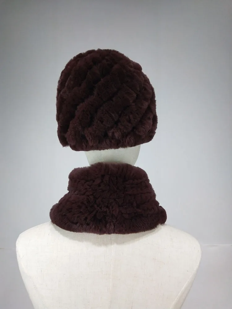 Natürliches Rex-Kaninchenfell-Mütze-Schal-Set für Damen, rosafarbenes Design, gestrickt, Halswärmer, Zubehör, warm, weich, gemütlich, bequem – Detail 15