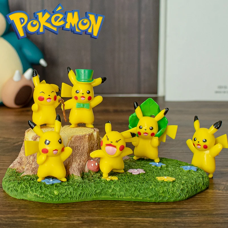 6pcs/set Pokemon Pikachu Tree Stump Mini Pvc Figures Toys Figurines Statue Dolls Collection Kids