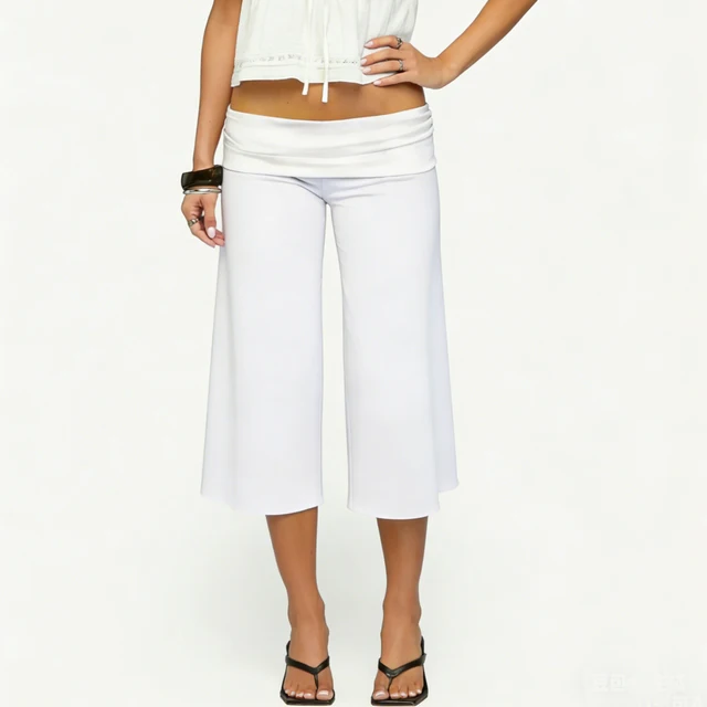 Capri Pants for Women Low Rise Fold Over Capri Yoga Pant Soft Comfy Flowy Wide Leg Capris Culottes Bottoms 5