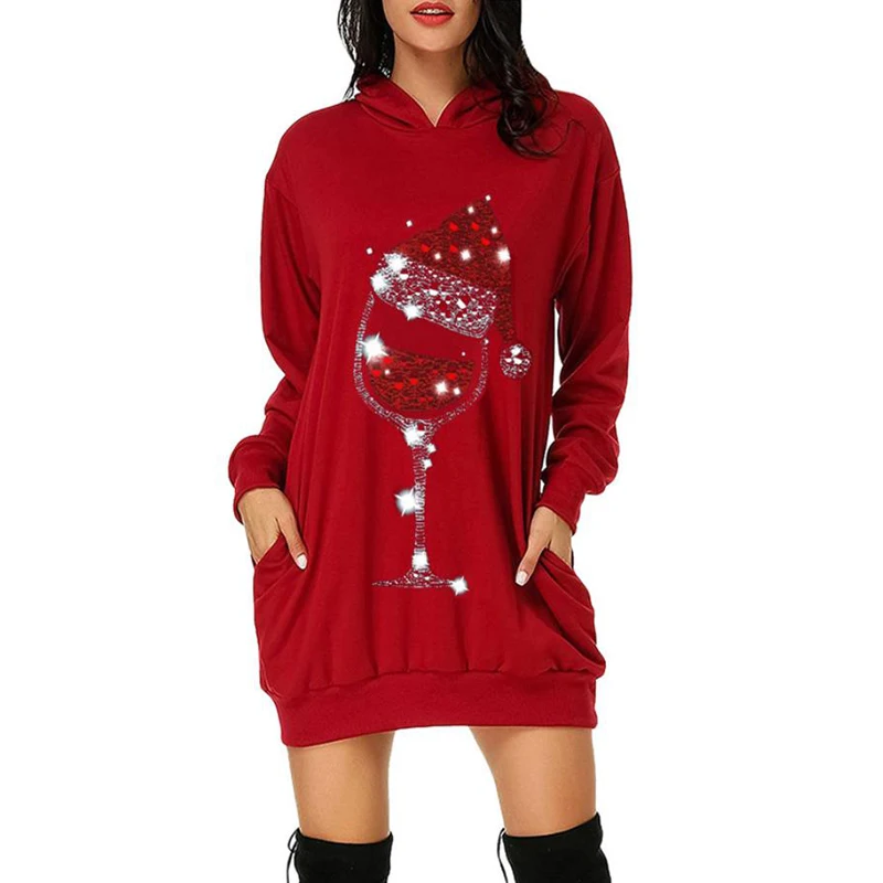 

Plus Size 5XL Women Sweatshirts Autumn Winter Long Sleeve Printed Chirstmas Dress Up Hoodies Female Pockets Casual Pullovers Red