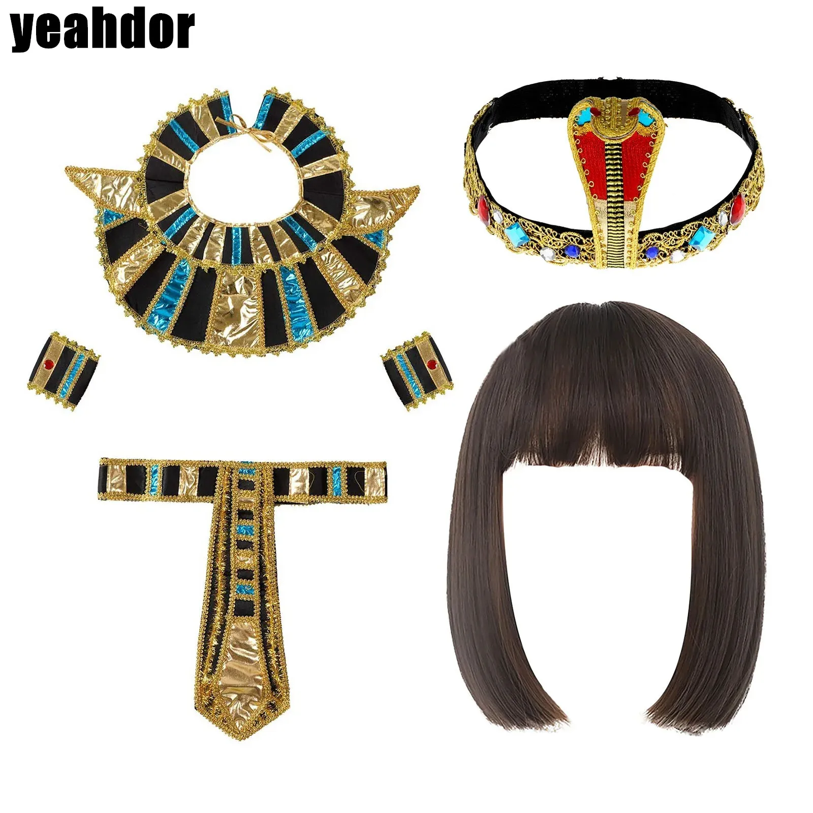 

Egyptian Pharaoh Cleopatra Party Cosplay Accessories Bob Wigs Headband Neck Collar Waist Belt And Wristband for King Queen