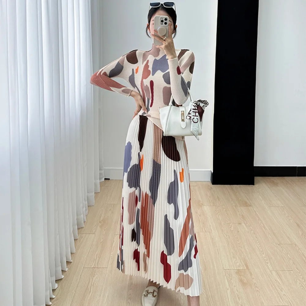 

Miyake Color Blocking Print Fashion Suit Women Autumn New Pleated Temperament Commuter Elegant Long-sleeved Blouse Half Skirt