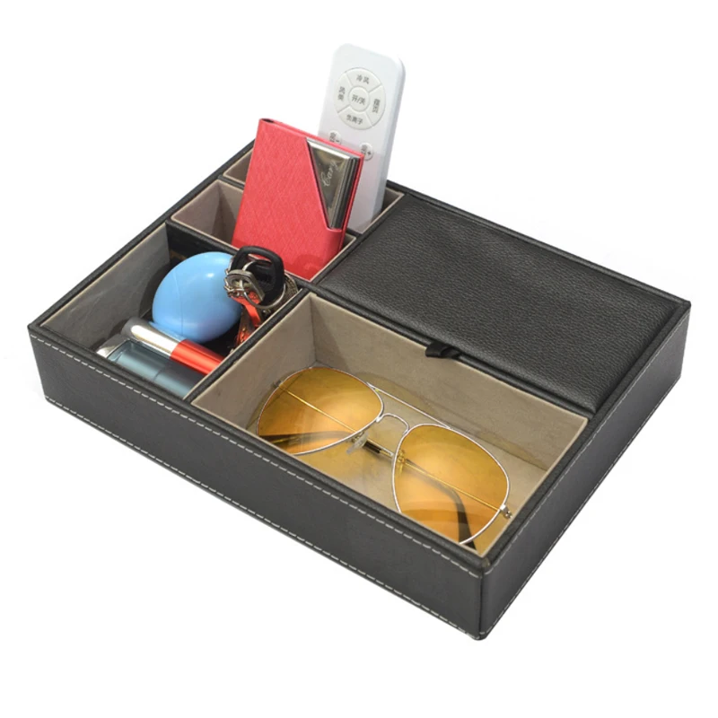 Men's Valet Tray Desktop PU Leather Wood Tray Organizer Jewelry Box Nightstand Organizer For Phone Keys Wallet Glasses Multifun 5