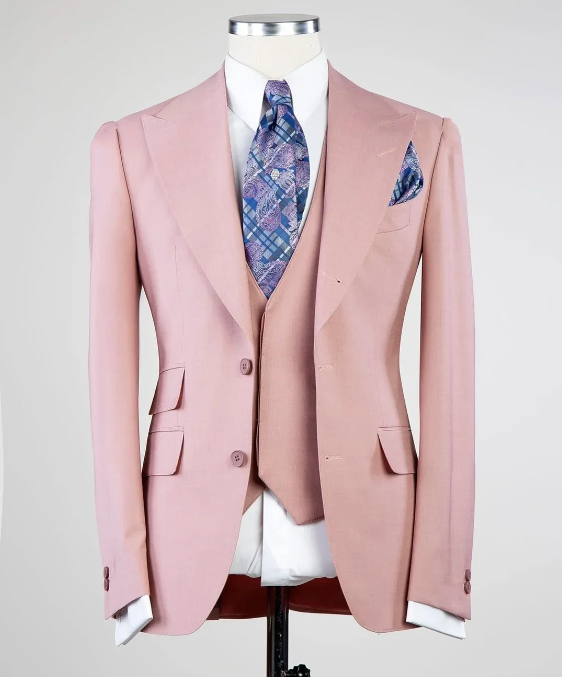 

Two Buttons Men Suits Rose Gold Groom Tuxedos Peak Lapel Groomsmen 3 Pieces Set ( Jacket + Pants + Vest + Bow Tie )