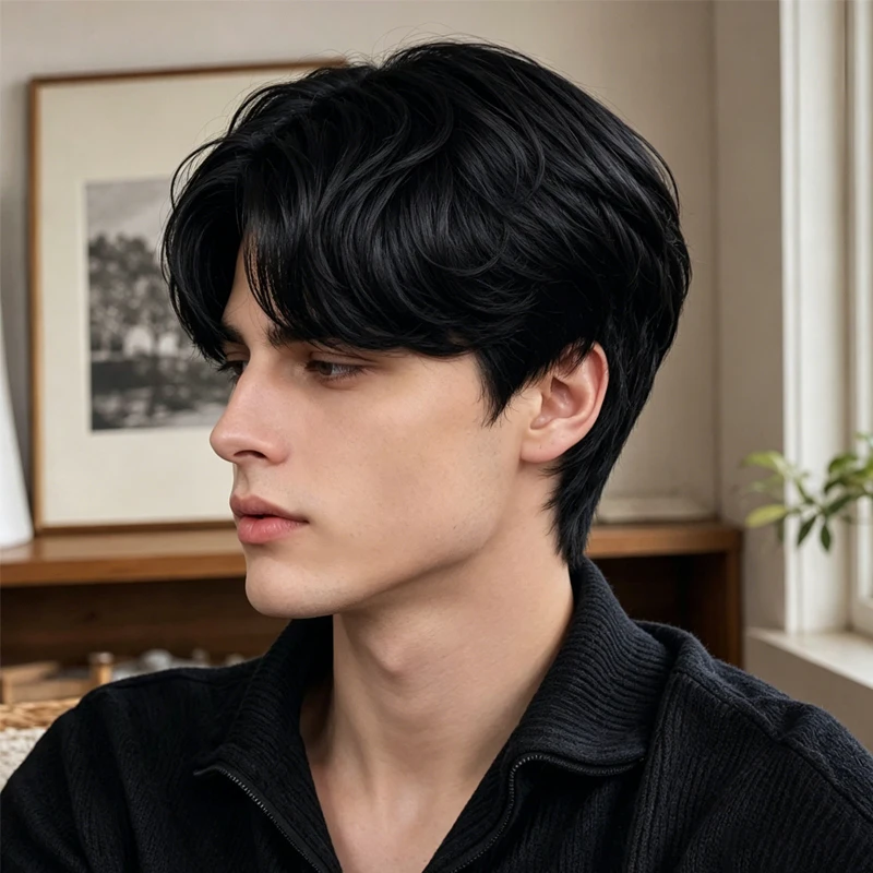 Synthetic material 8-inch black men's wig, natural layered short hair, creating a youthful everyday look. - 2