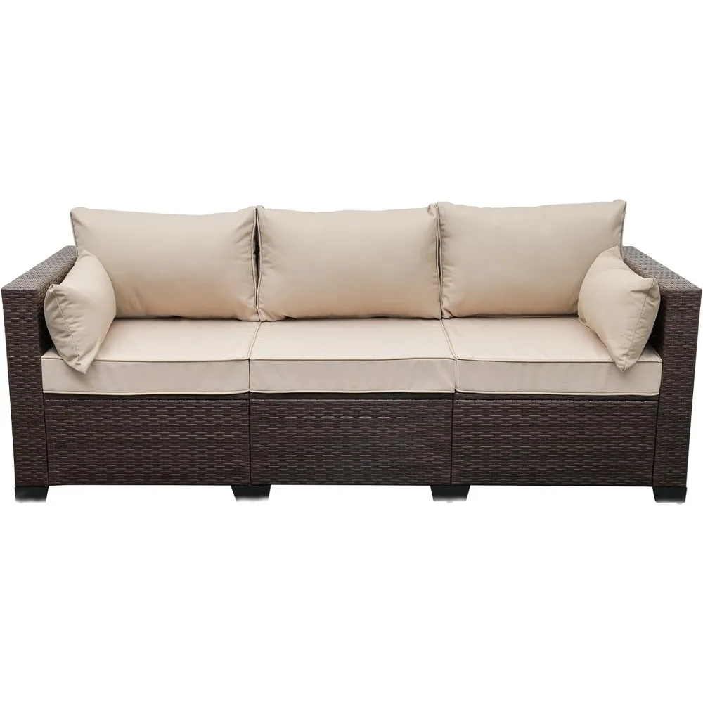 

Outdoor Sofa with Non-Slip Beige Cushion, Patio Couch PE Wicker 3-Seat Outdoor Brown Rattan Sofa Deep Seating Furniture