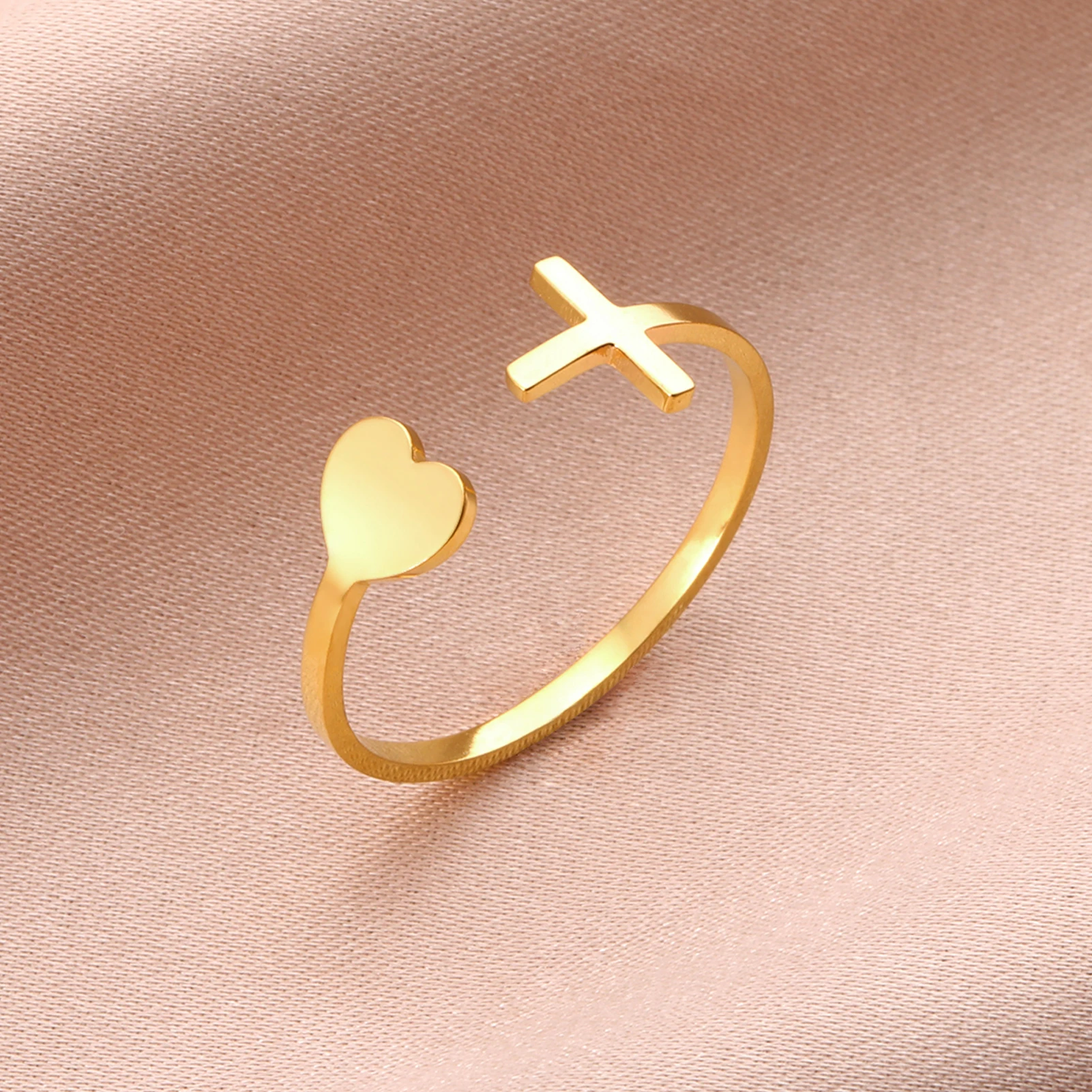 COOLTIME Jesus Kreuz Liebe Herz Ring für Frauen Edelstahl Christian verstellbare Paar passende Ringe Hochzeits schmuck Geschenk – Detail 7