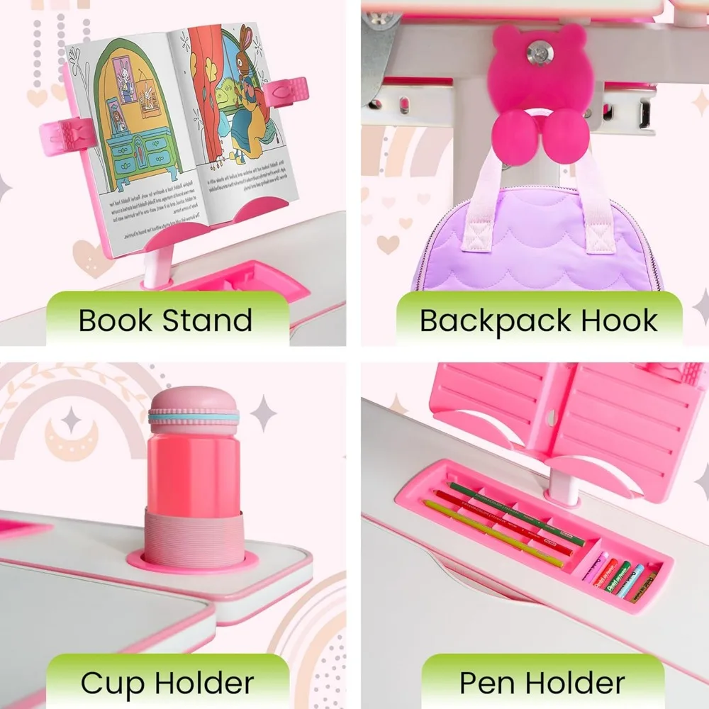 Kids Desk and Chair Set for Ages 4-12, Children's Study Table, Student School Desks with Lamp, Pencil Case, and Bookstand