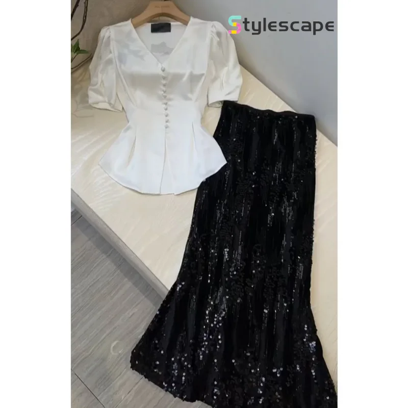 A Niche Style Waist Up White Short Sleeved Shirt Summer Belly Covering Sequin Fish Tail Half Skirt Commuting Two-piece Set