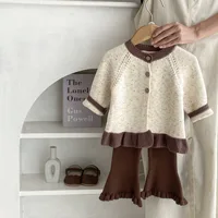 Korean Autumn 2024 Toddler Girl 2PCS Clothes Set Spliced Ruffle Hem Cardigan Solid Knitted Bell Bottom Pant Infant Girls Outfits 2