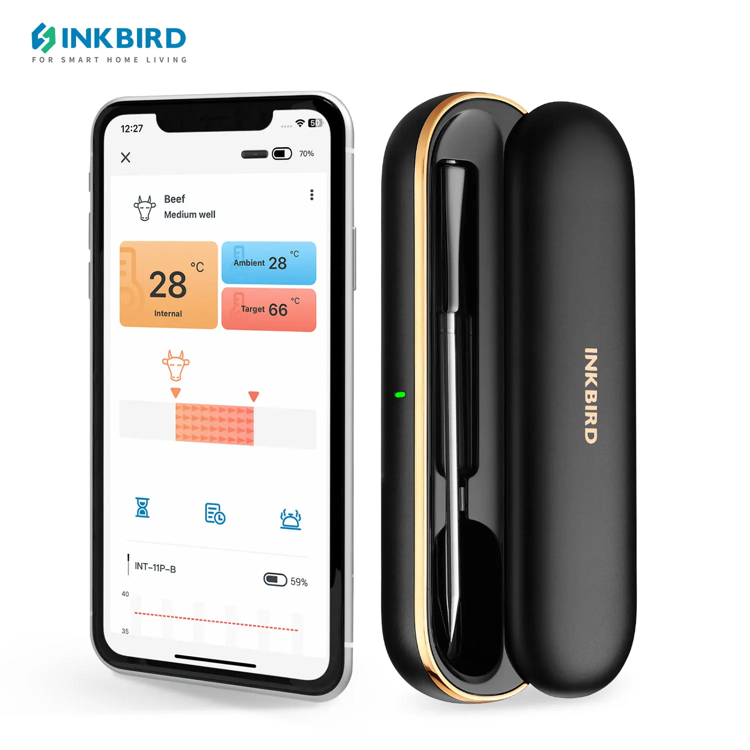 Inkbird Bluetooth Termometro Per Carne Int-11P-B Supporto-10 ~ 100 ℃ Intervallo Di Temperatura Alimentare Wireless Bbq Forno Grill Termometro Da Cucin