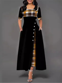 Women's Irregular Lattice Patchwork Long Dresses Vintage Buttons O Neck Half Sleeves Casual Lady Commuting Dress Fashion 1