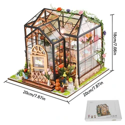 Miniature Garden House Kit with Furniture and LED Lights - DIY Dollhouse Craft Set and Wooden Greenhouse Building Kit (D)