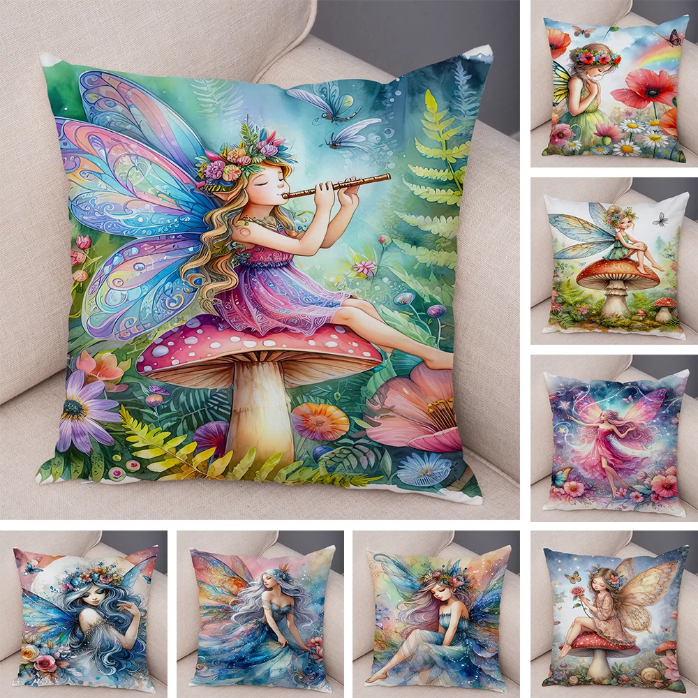 

Cute Cartoon Forest Girl Elf Cushion Cover Double Print Pillowcase Decor for Sofa Home Super Soft Plush Pillow Case 40x40cm