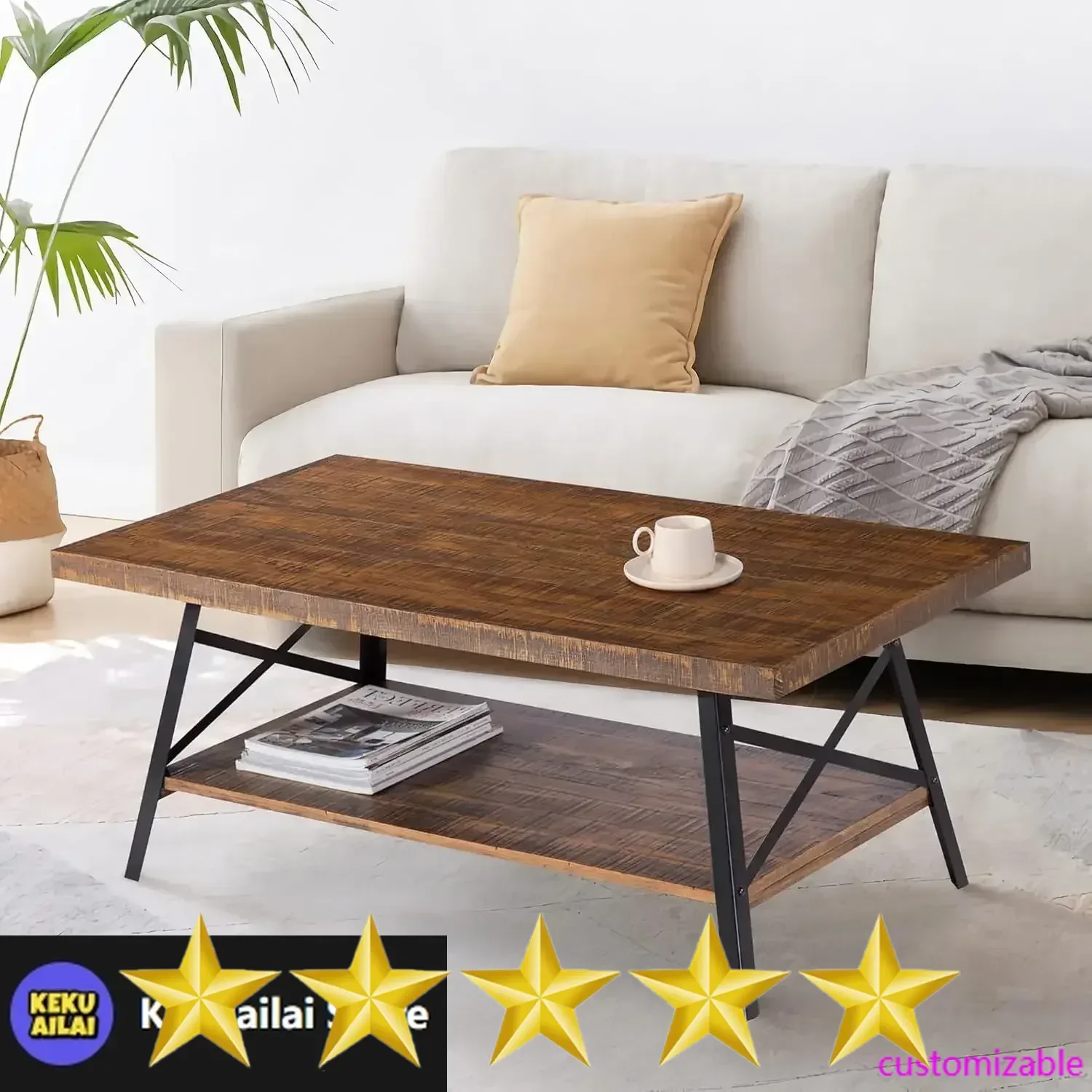 New2025-Cocktail Table with Metal Legs, Rustic Brown