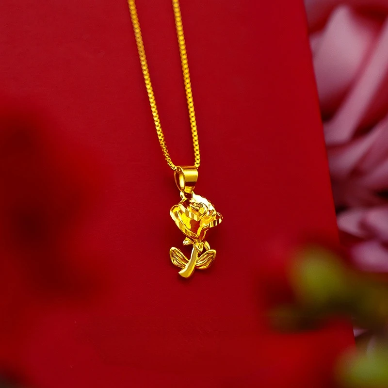 

Rose Flower Shape 24k Yellow Gold Plated Pendant Necklace for Women Clavicle Chain Necklaces Valentine's Day Fine Jewelry Gift