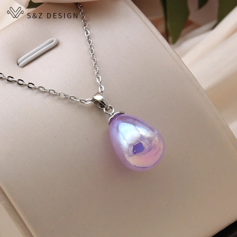 S&Z DESIGN New Fashion Colorful Water Drop Beads Pendant Necklace For Women Wedding 585 Rose Gold Color Collarbone Chain Jewelry