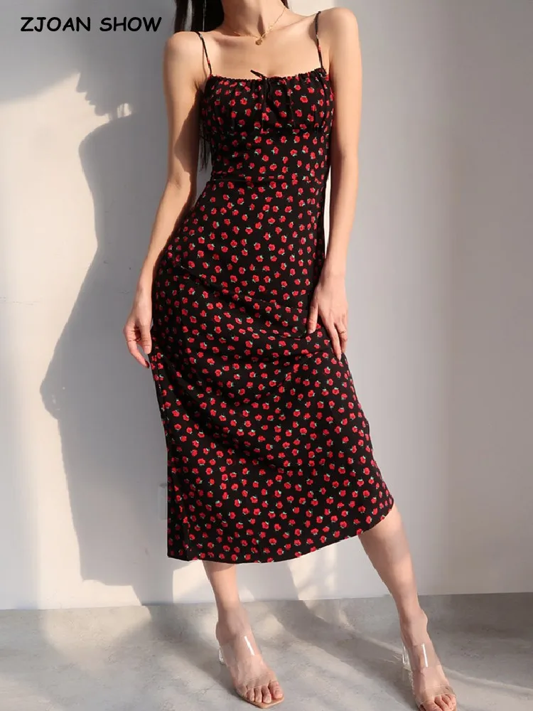 

Retro French style Summer Rose Flower Print Midi Sling Dress Sexy Women Bow Lacing up Slash Collar Back Elastic Ruched Long Robe