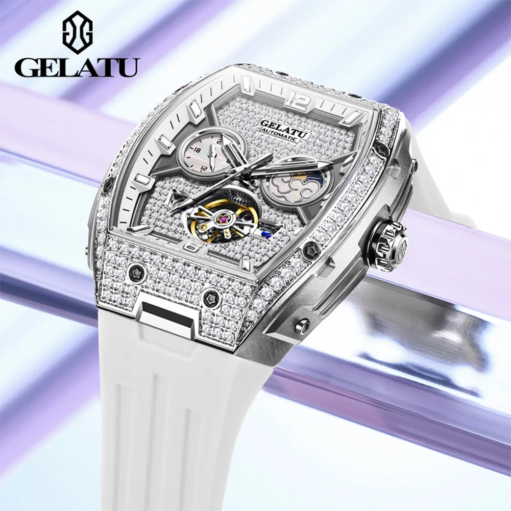 GELATU 6016 Luxury Fashion Woman Mechanical Watch Hollow Diamond Automatic Watch For Women 50M Waterproof Big Dial Wristwatch