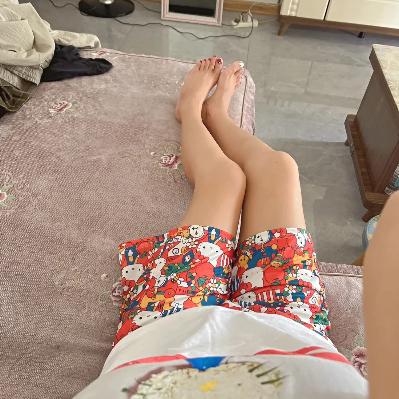 

Hello Kitty Cartoon Woman Print Shorts Summer Wide-leg Pants All-match Casual Lace-up Home Five-point Pants Couple Beach Pants