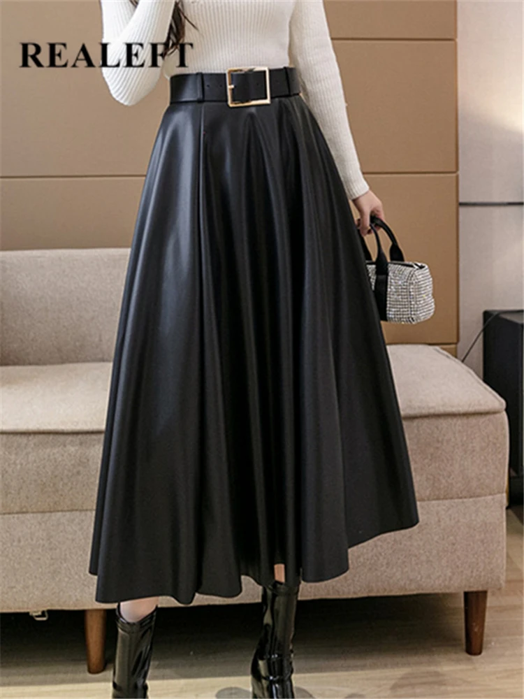 REALEFT-faldas largas de cuero sintético para mujer, faldas de cintura alta cinturón, acampanadas, con paraguas, novedad de otoño e invierno, 2022 AliExpress Ropa de mujer