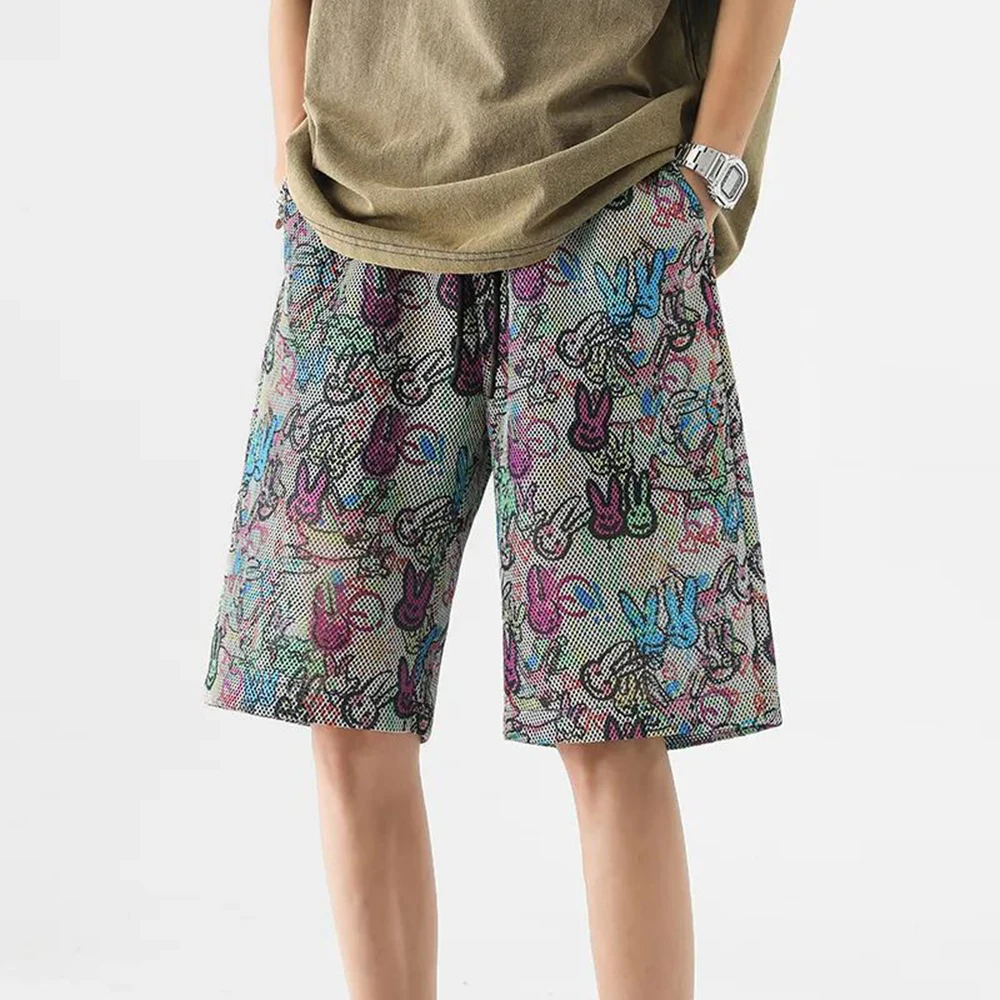Unisex Elastic Waist Shorts Men's Mesh Hollow Casual Pants Summer Loose Graffiti Short Trousers Trend Fashion Sports Streetwear
