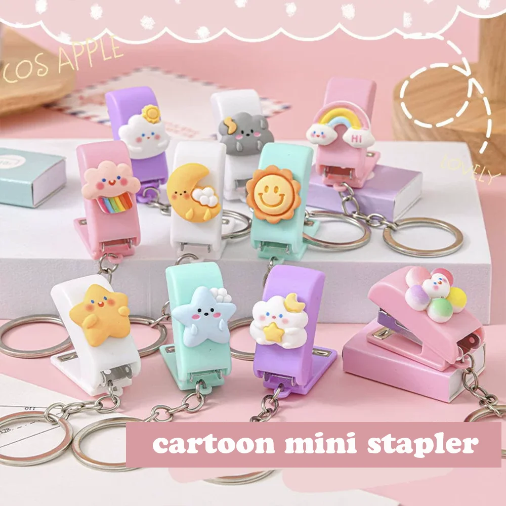 1pc Pink/white cartoon student mini stapler, small and portable, can be used as a keychain, with size 10 staples